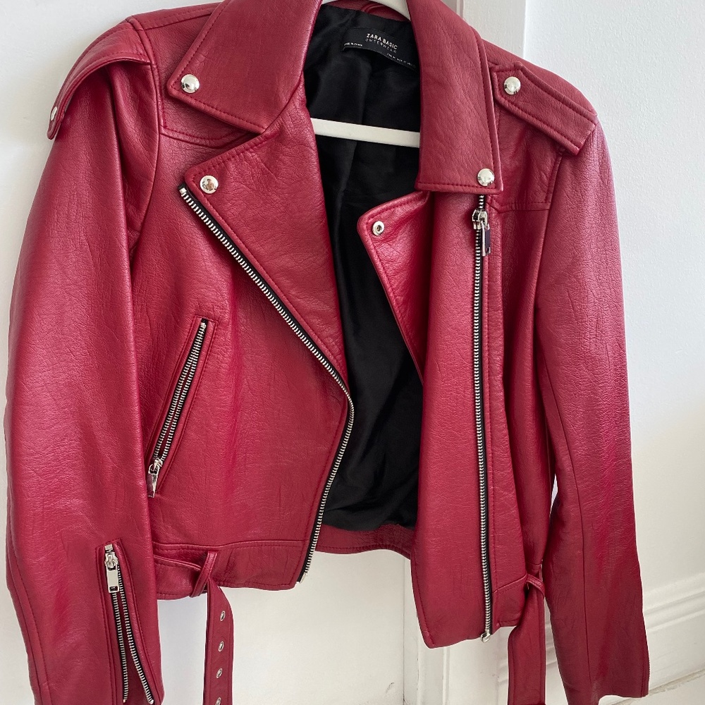 Zara Red Leather Moto Jacket